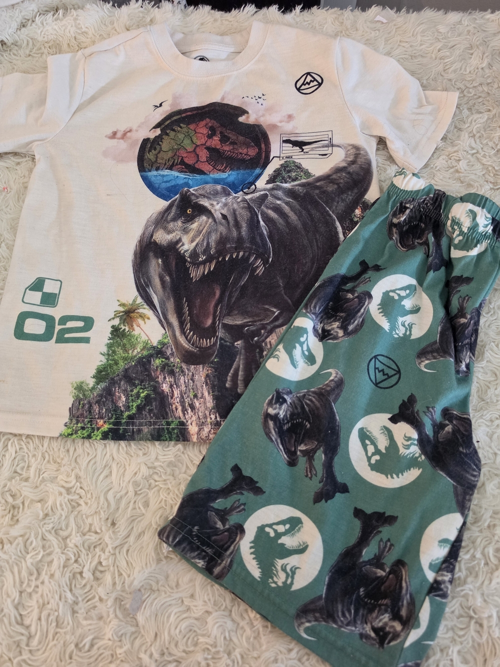 Kids Dinosaur Pajama Set - Teal & White T-Rex Sleepwear